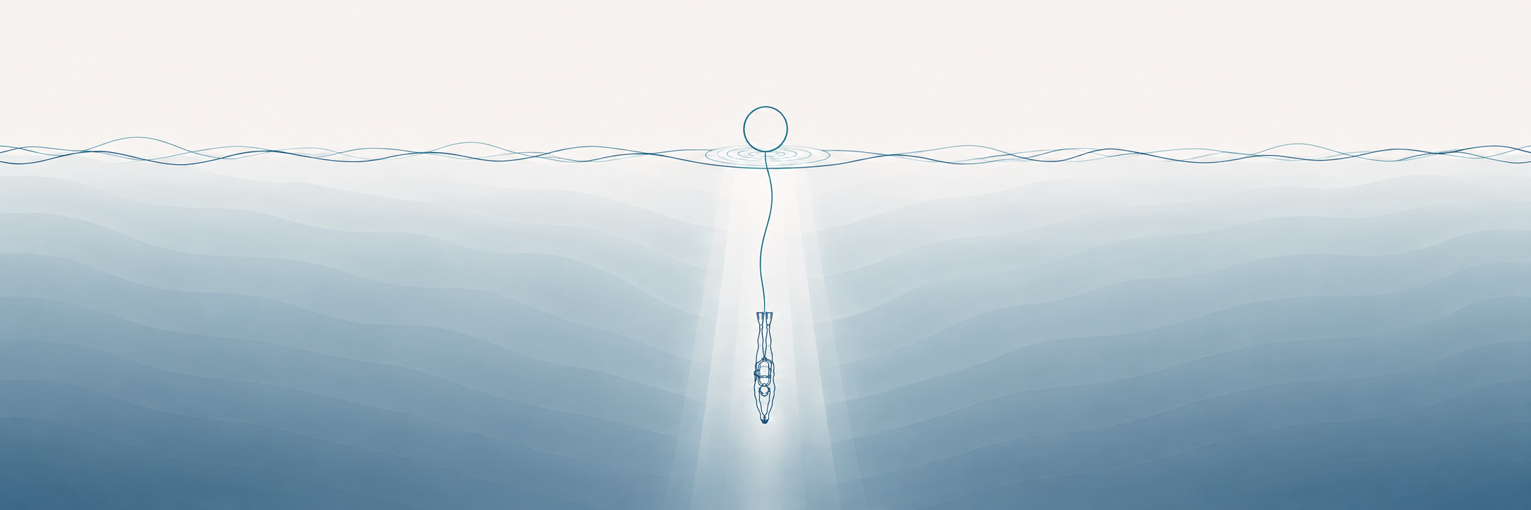 A figure descending below a calm water surface, tethered to a circle of focused attention above.